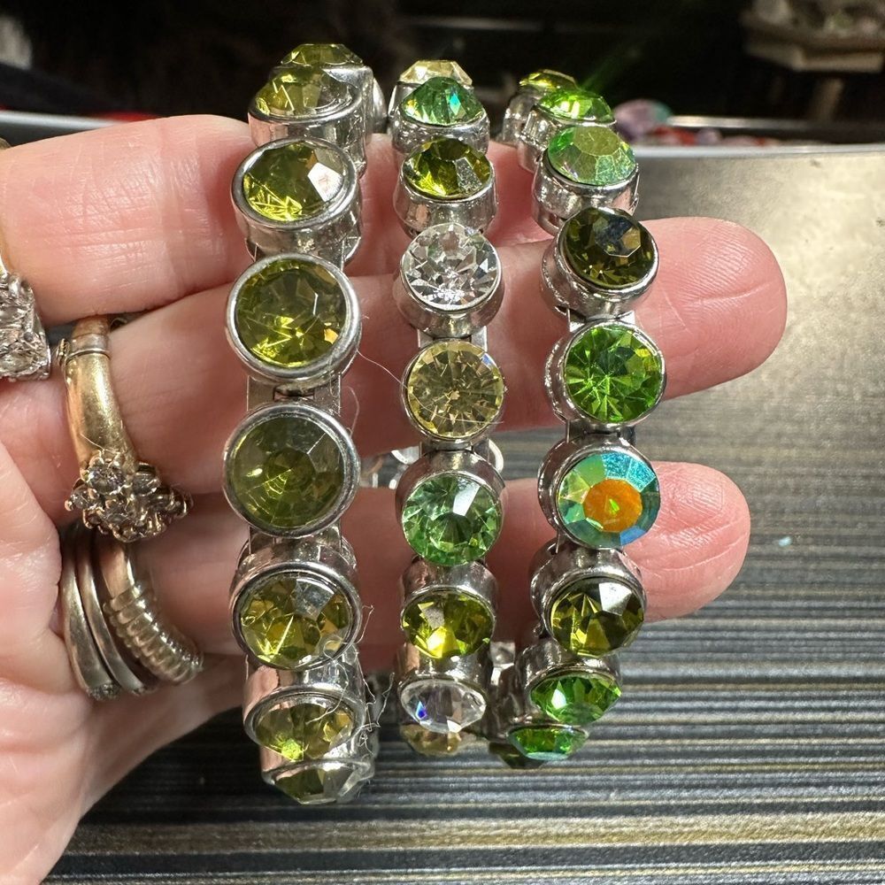 THREE GREEN & AB CRYSTAL SILVER & PERIDOT RHINESTONE MAGNETIC CLOSURE BRACELETS - Picture 11 of 11